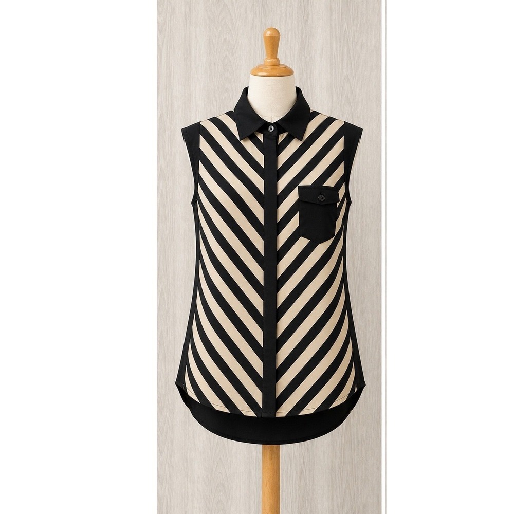 Delusive Womens Blouse Sleeveless Striped Button Down Black Cream Large